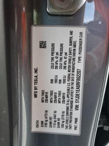 5YJ3E1EA6RF862207 - 2024 TESLA MODEL 3 Gris photo 12