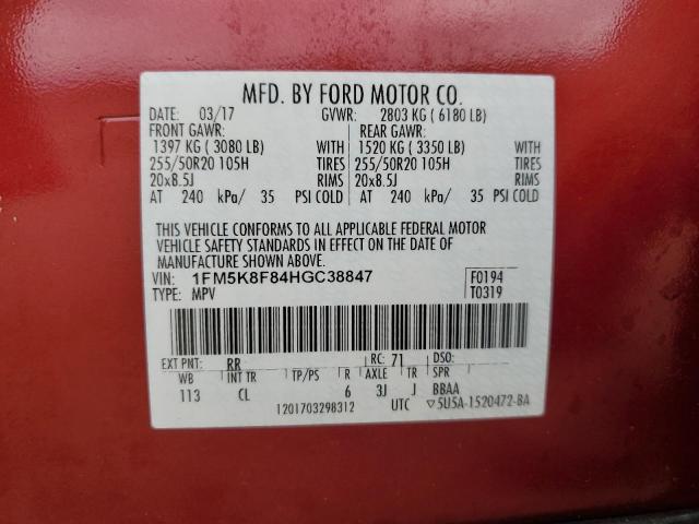 1FM5K8F84HGC38847 - 2017 FORD EXPLORER LIMITED RED photo 13