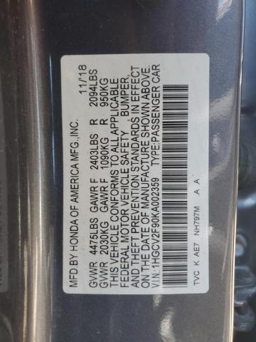 1HGCV2F90KA002359 - 2019 HONDA ACCORD TOURING Szary zdjęcie 12