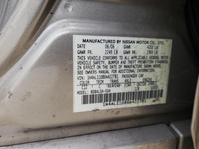 1N4AL11D86N422781 - 2006 NISSAN ALTIMA S TAN photo 12