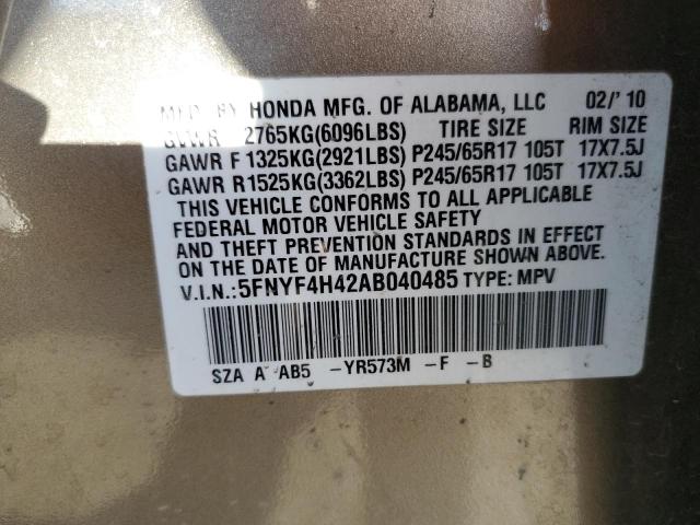 5FNYF4H42AB040485 - 2010 HONDA PILOT EX GRAY photo 13