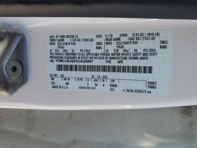 1FMCU9J92KUA29087 - 2019 FORD ESCAPE TITANIUM 白色 照片 13