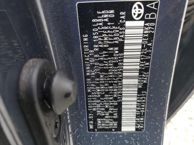 5YFBURHE7KP908116 - 2019 TOYOTA COROLLA L GRAY photo 13