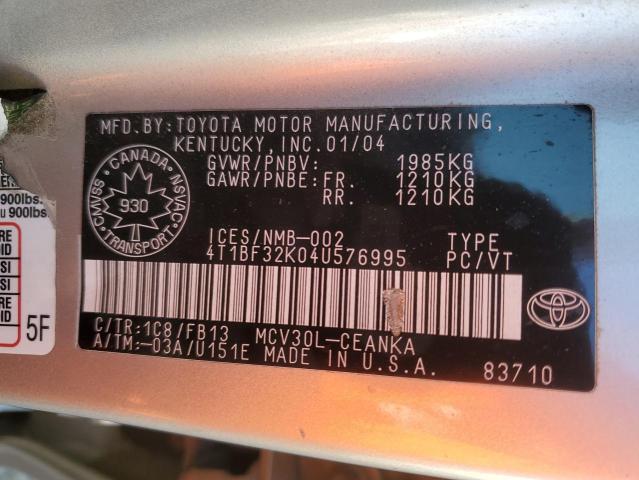 4T1BF32K04U576995 - 2004 TOYOTA CAMRY LE ვერცხლისფერი ფოტო 12