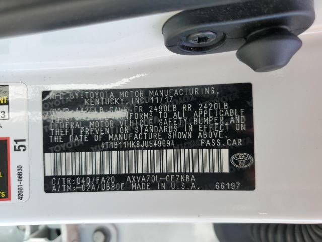 4T1B11HK8JU549694 - 2018 TOYOTA CAMRY L 白色 照片 13