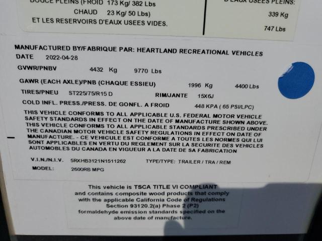 5RXHB3121N1511262 - 2022 CAMPER TRAILER TWO TONE photo 10