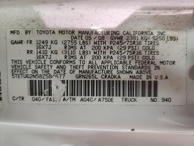 5TETU62N58Z584677 - 2008 TOYOTA TACOMA PRERUNNER ACCESS CAB WHITE photo 12