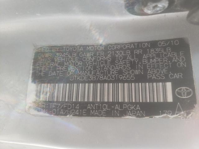 JTKDE3B78A0319655 - 2010 TOYOTA SCION TC SILVER photo 10