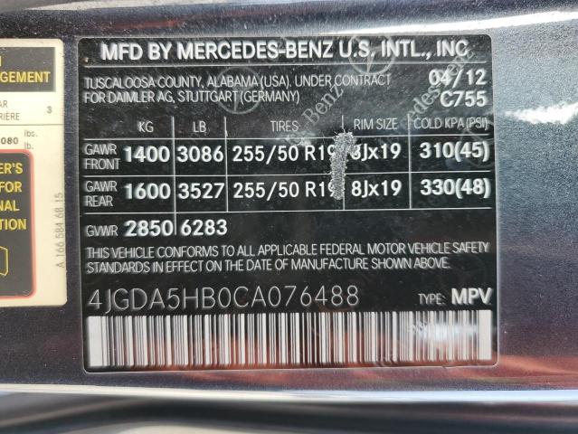 4JGDA5HB0CA076488 - 2012 MERCEDES-BENZ ML 350 4MATIC GRAY photo 14