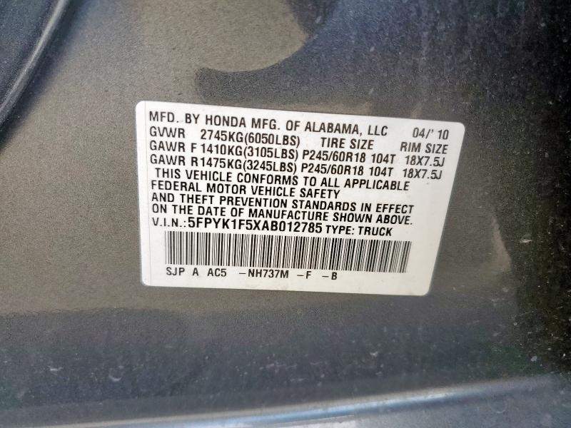 5FPYK1F5XAB012785 - 2010 HONDA RIDGELINE RTL Boz foto 12