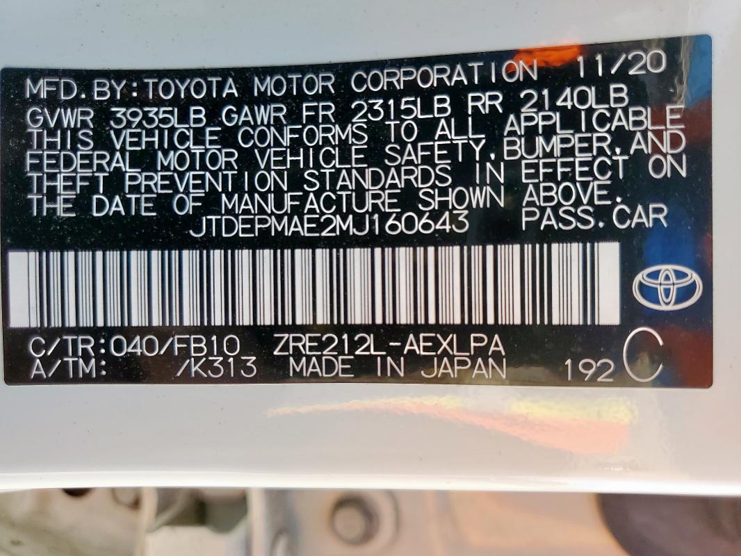 JTDEPMAE2MJ160643 - 2021 TOYOTA COROLLA LE თეთრი ფოტო 12