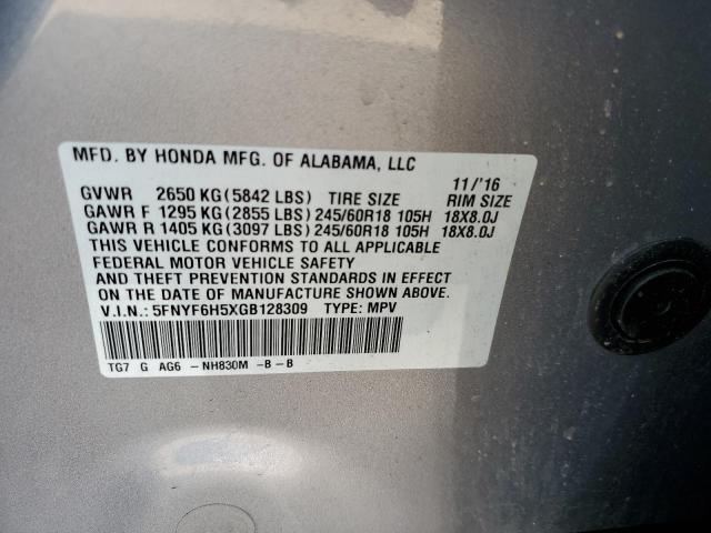 5FNYF6H5XGB128309 - 2016 HONDA PILOT EXL SILVER photo 12