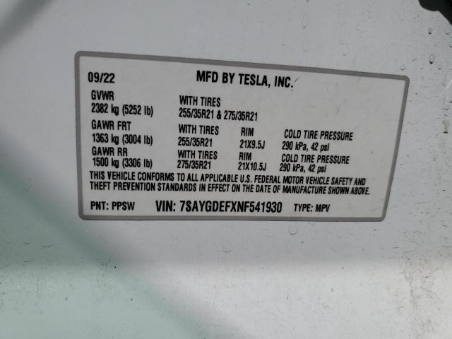 7SAYGDEFXNF541930 - 2022 TESLA MODEL Y WHITE photo 13