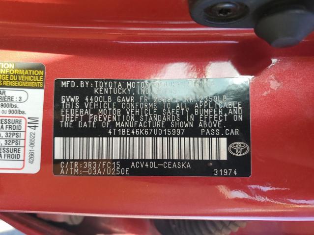 4T1BE46K67U015997 - 2007 TOYOTA CAMRY CE RED photo 12