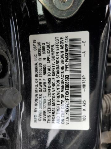 19XFC1F7XKE008693 - 2019 HONDA CIVIC EXL BLACK photo 12