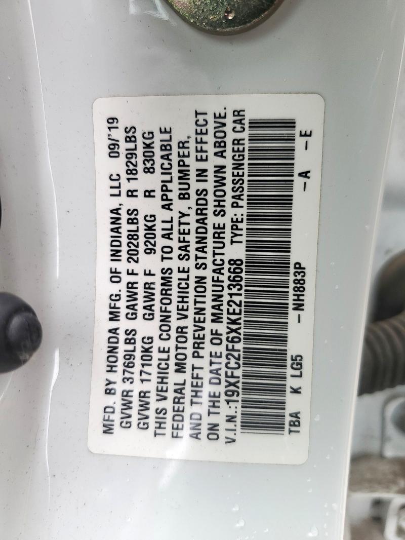 19XFC2F6XKE213668 - 2019 HONDA CIVIC LX WHITE photo 12