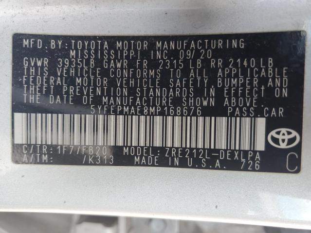 5YFEPMAE8MP168676 - 2021 TOYOTA COROLLA LE SILVER photo 12