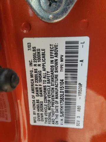 5J6YH17583L015104 - 2003 HONDA ELEMENT EX ORANGE photo 12