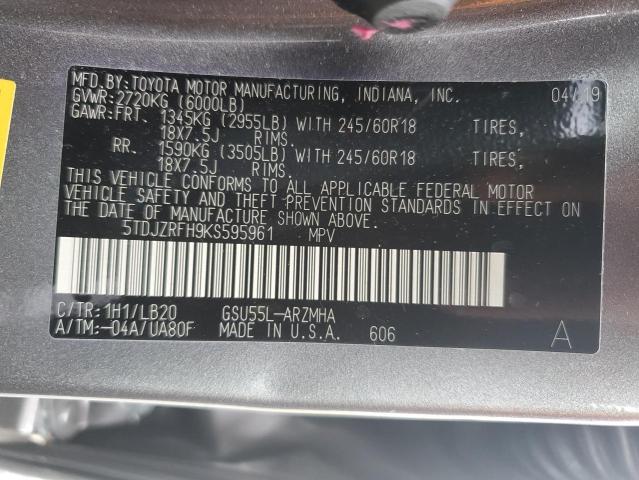 5TDJZRFH9KS595961 - 2019 TOYOTA HIGHLANDER SE 灰色 照片 13