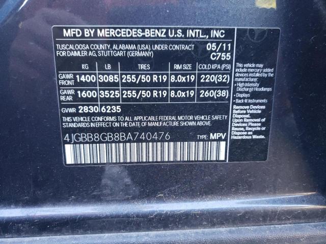 4JGBB8GB8BA740476 - 2011 MERCEDES-BENZ ML 350 4MATIC CHARCOAL photo 13