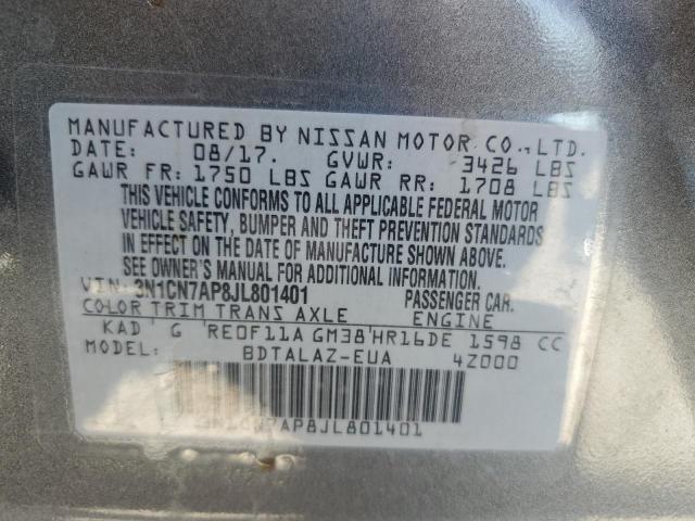 3N1CN7AP8JL801401 - 2018 NISSAN VERSA S GRAY photo 13