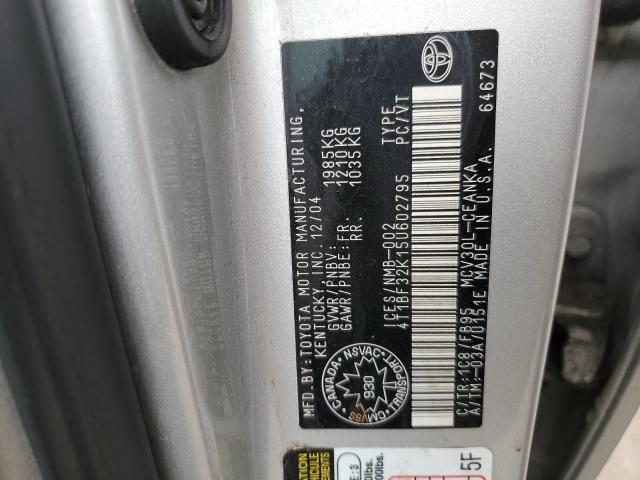 4T1BF32K15U602795 - 2005 TOYOTA CAMRY LE SILVER photo 12