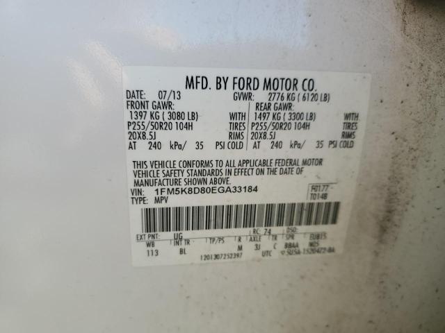 1FM5K8D80EGA33184 - 2014 FORD EXPLORER XLT WHITE photo 13