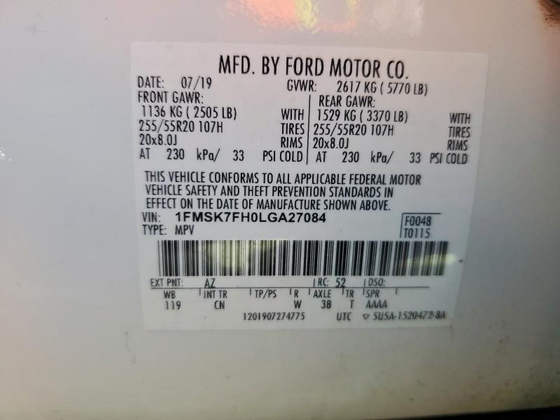 1FMSK7FH0LGA27084 - 2020 FORD EXPLORER LIMITED 白色 照片 14