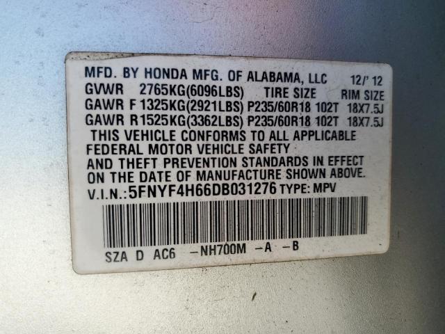 5FNYF4H66DB031276 - 2013 HONDA PILOT EXL SILVER photo 13