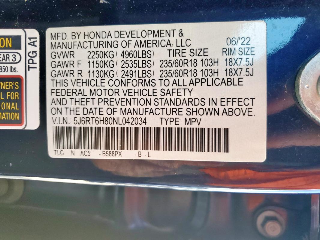 5J6RT6H80NL042034 - 2022 HONDA CR-V EXL BLUE photo 13