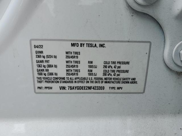 7SAYGDEE2NF423359 - 2022 TESLA MODEL Y Ağ foto 13