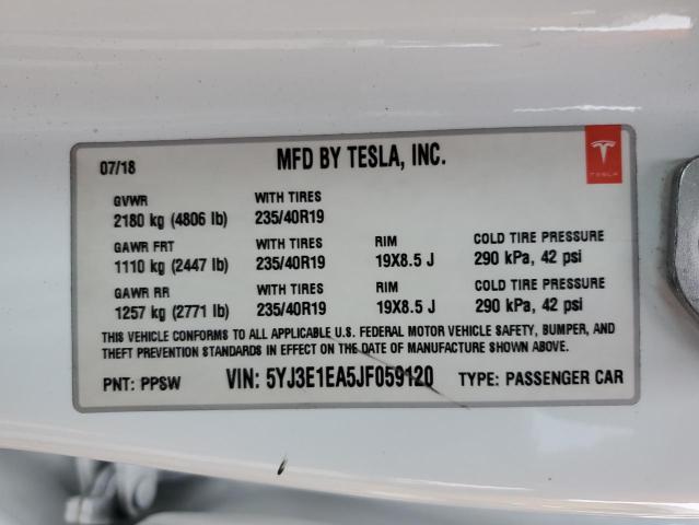 5YJ3E1EA5JF059120 - 2018 TESLA MODEL 3 WHITE photo 12