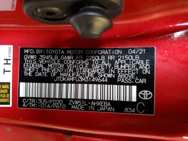 JTDKAMFU3M3149644 - 2021 TOYOTA PRIUS SPECIAL EDITION RED photo 13
