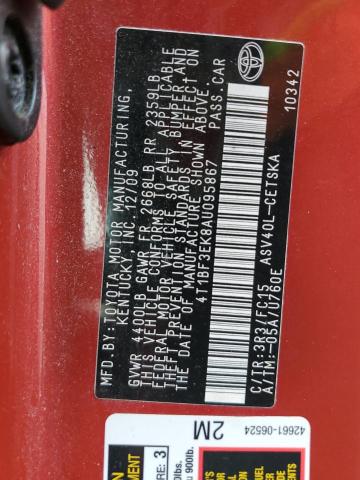 4T1BF3EK8AU095867 - 2010 TOYOTA CAMRY BASE RED photo 12