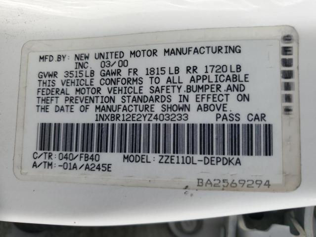 1NXBR12E2YZ403233 - 2000 TOYOTA COROLLA VE 白色 照片 12