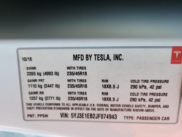 5YJ3E1EB2JF074943 - 2018 TESLA MODEL 3 白色 照片 14