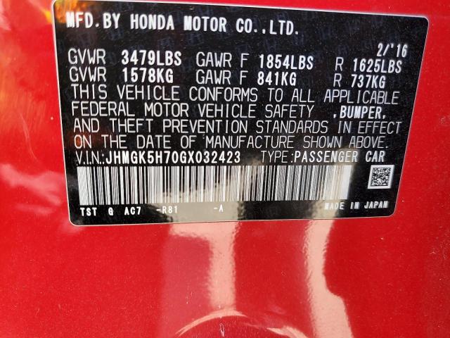 JHMGK5H70GX032423 - 2016 HONDA FIT EX RED photo 12