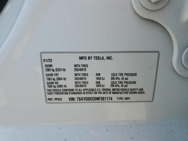 7SAYGDEE8NF361174 - 2022 TESLA MODEL Y WHITE photo 13