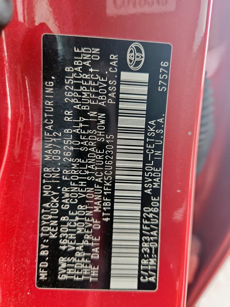 4T1BF1FK5CU623015 - 2012 TOYOTA CAMRY BASE RED photo 13