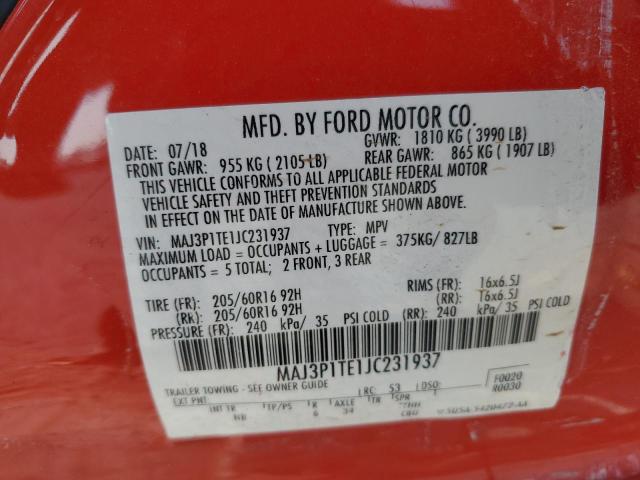 MAJ3P1TE1JC231937 - 2018 FORD ECOSPORT SE წითელი ფოტო 12