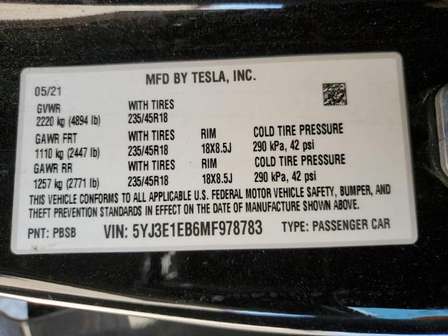 5YJ3E1EB6MF978783 - 2021 TESLA MODEL 3 黑色 照片 12