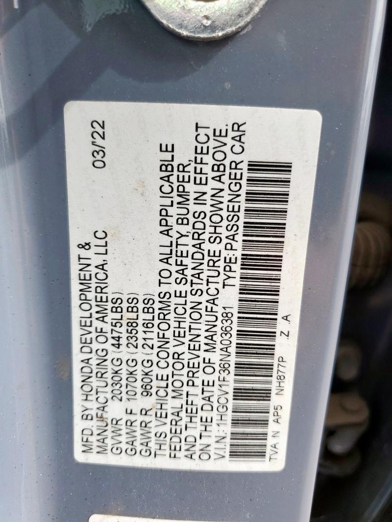 1HGCV1F36NA036381 - 2022 HONDA ACCORD SPORT GRAY photo 13