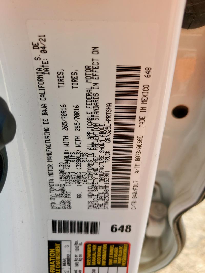 3TMAZ5CN0MM153981 - 2021 TOYOTA TACOMA DOUBLE CAB 白色 照片 12