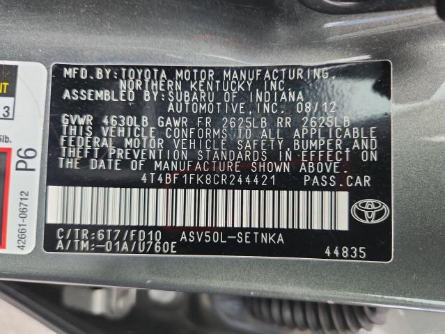 4T4BF1FK8CR244421 - 2012 TOYOTA CAMRY BASE GREEN photo 12