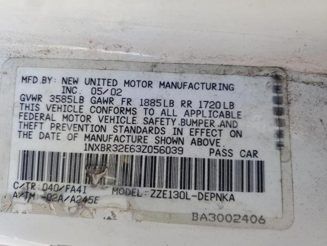 1NXBR32E63Z056039 - 2003 TOYOTA COROLLA CE WHITE photo 13