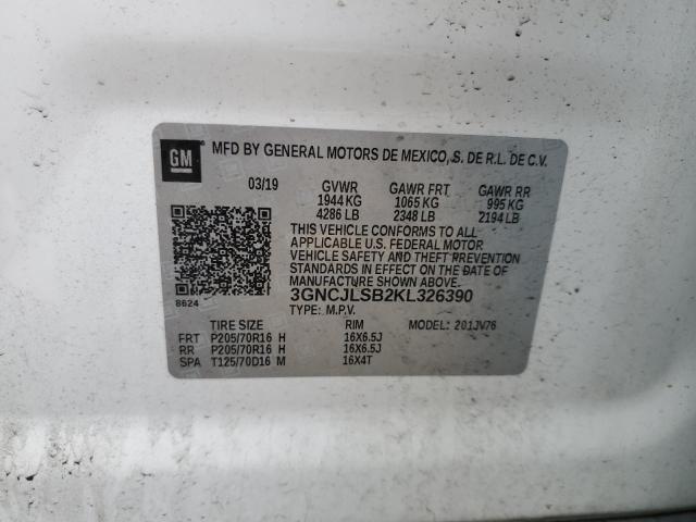 3GNCJLSB2KL326390 - 2019 CHEVROLET TRAX 1LT WHITE photo 14