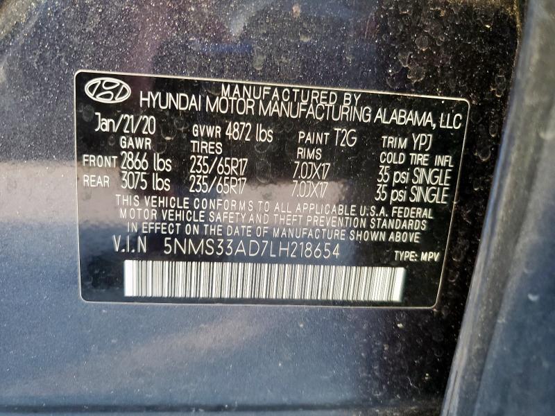 5NMS33AD7LH218654 - 2020 HYUNDAI SANTA FE SEL GRAY photo 12