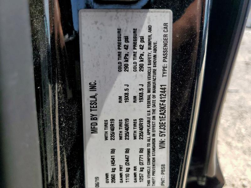 5YJ3E1EA3KF412441 - 2019 TESLA MODEL 3 أسود صورة 12