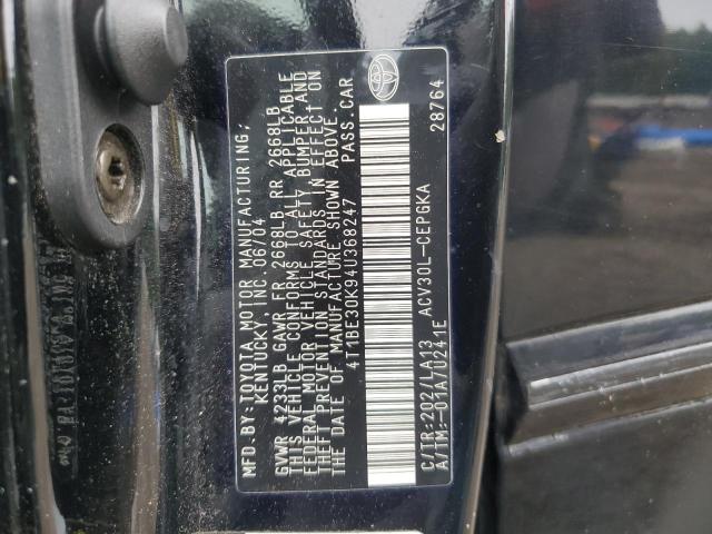 4T1BE30K94U368247 - 2004 TOYOTA CAMRY LE BLACK photo 12