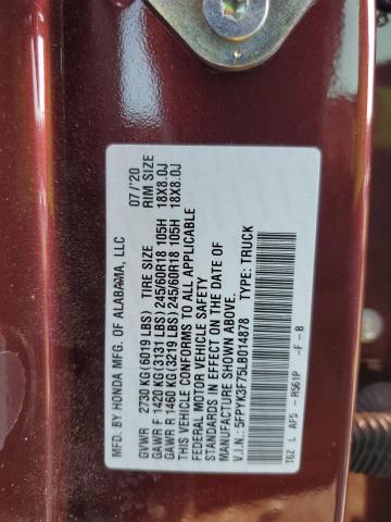 5FPYK3F75LB014878 - 2020 HONDA RIDGELINE RTL BURGUNDY photo 12